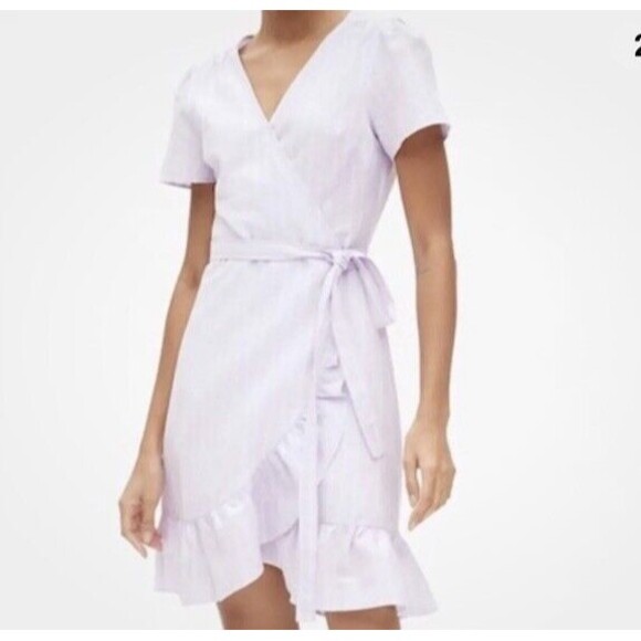 Gap True Wrap Dress Linen Blend Size Large Petite Purple Stripe Fit & Flare - Picture 1 of 16